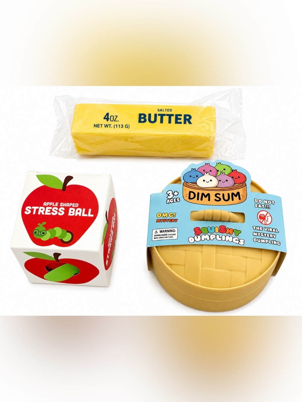 Cute Squishy Toy Bundle – Butter, Apple Stress Ball & Dim Sum Mystery Dumpling